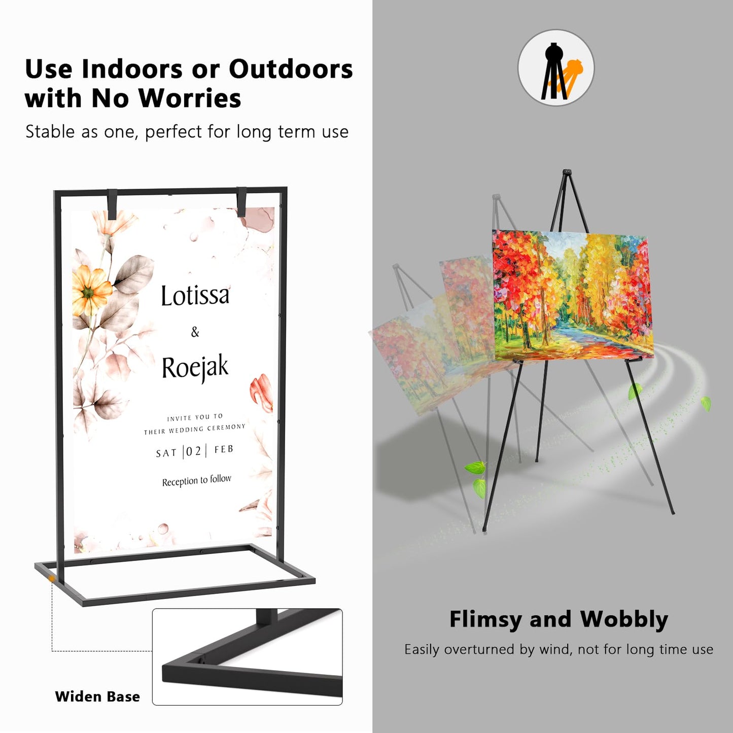 Cathyeen Wedding Welcome Sign Stand, 50”x30”x 20” Heavy Duty Easel Stand for Sign with 8 Pair Satin Ribbon & 2 Leather Strap, Welcome to Our Wedding Sign Holder, Metal Floor Standing Easels for Signs