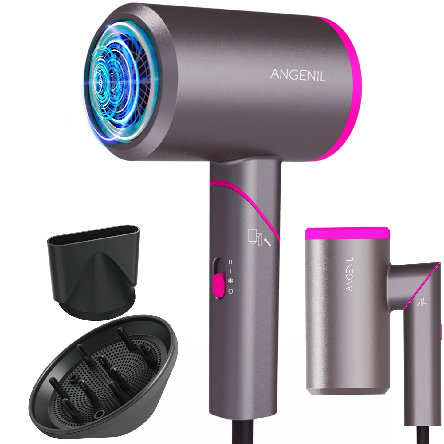 ANGENIL Ionic Blow Dryer, Magnetic Nozzle & Diffuser Hair Dryer for Curly Hair, Fast Drying Low Noise, Professional Travel Hair Dryer, Foldable Handle, 3 Constant Temp Without Hair Damage