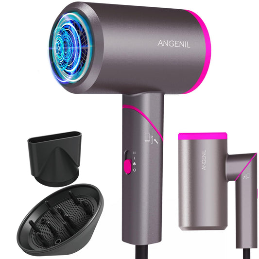 ANGENIL Ionic Blow Dryer, Magnetic Nozzle & Diffuser Hair Dryer for Curly Hair, Fast Drying Low Noise, Professional Travel Hair Dryer, Foldable Handle, 3 Constant Temp Without Hair Damage