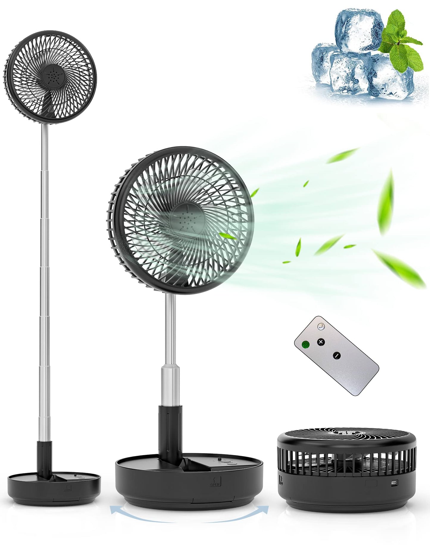 Primevolve Portable Rechargeable Oscillating Fan, Battery Operated USB Floor Table Desk Fan with Remote, Adjustable Height, 4 Speed Settings Fans for Bedroom, Black 8"