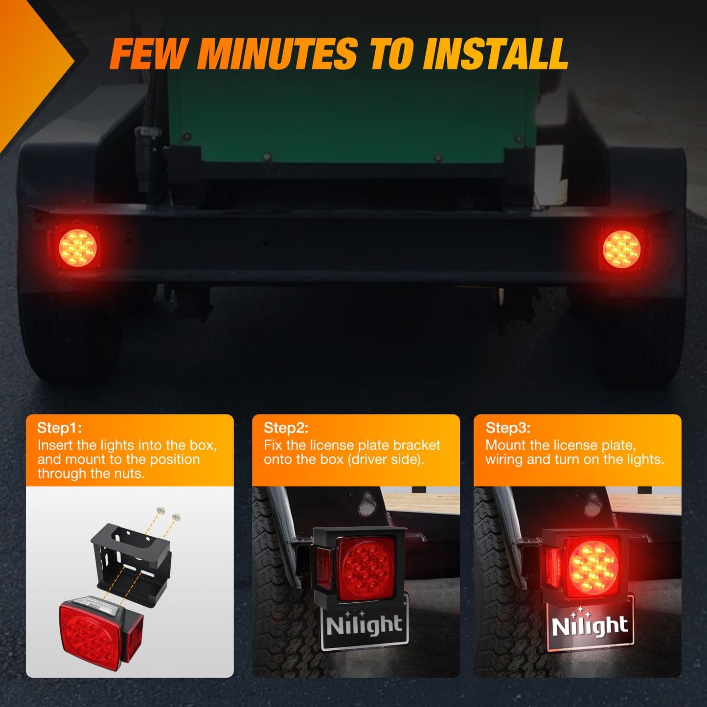 Nilight LED Trailer Light Kit 2 PCS Square Stop Turn Tail Side Marker Lights Steel Mounting Box License Plate Bracket Submersible IP68 For 12V Utility Boat Camper RV Truck