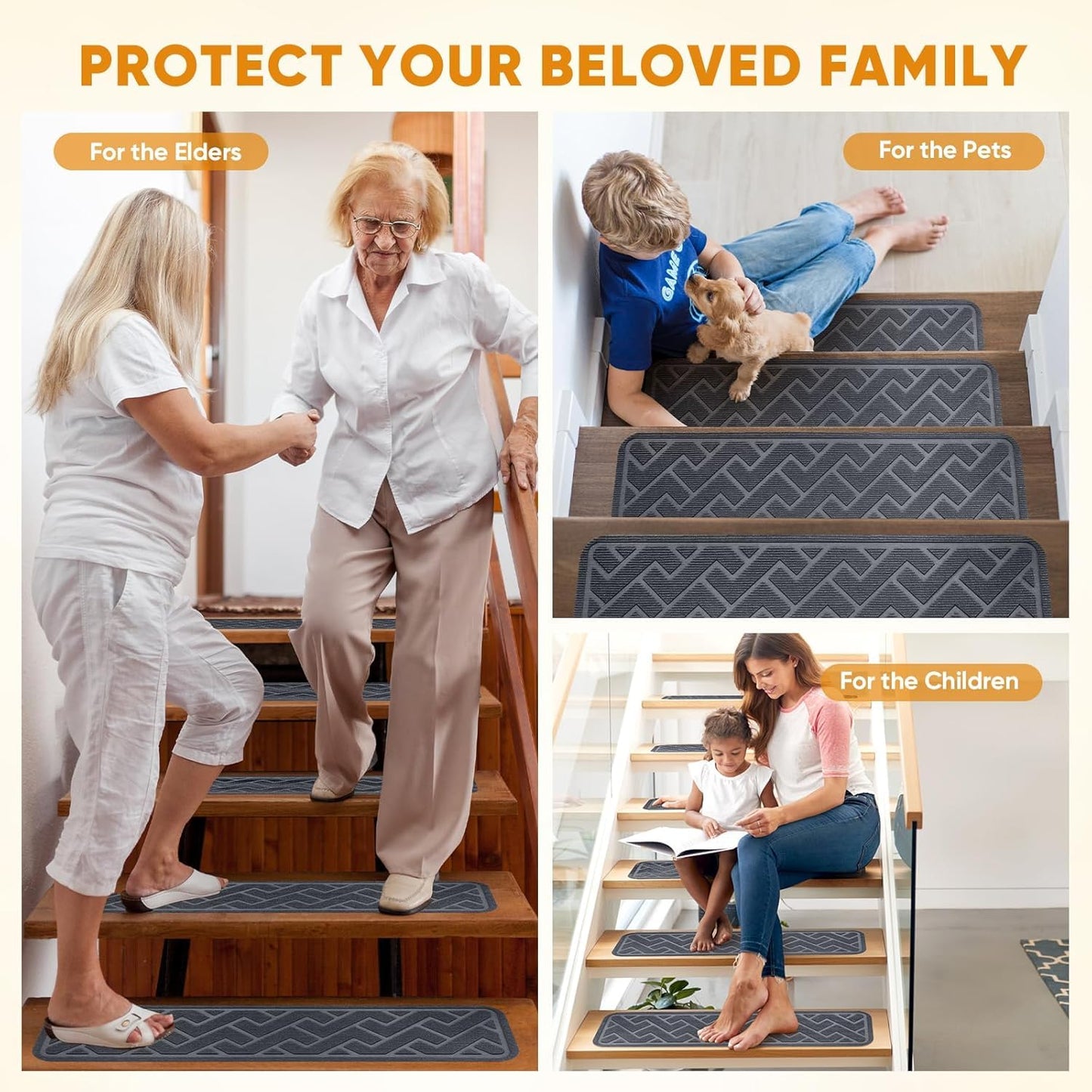 Stair Treads Non Slip, 15 Pack 8 "X 30" Stair Runners for Wooden Steps, Stairs Carpet Strips, Carpet Stair Treads Made of Polyester and Reusable Adhesive, for Kids, Elders and Dogs (Gray)