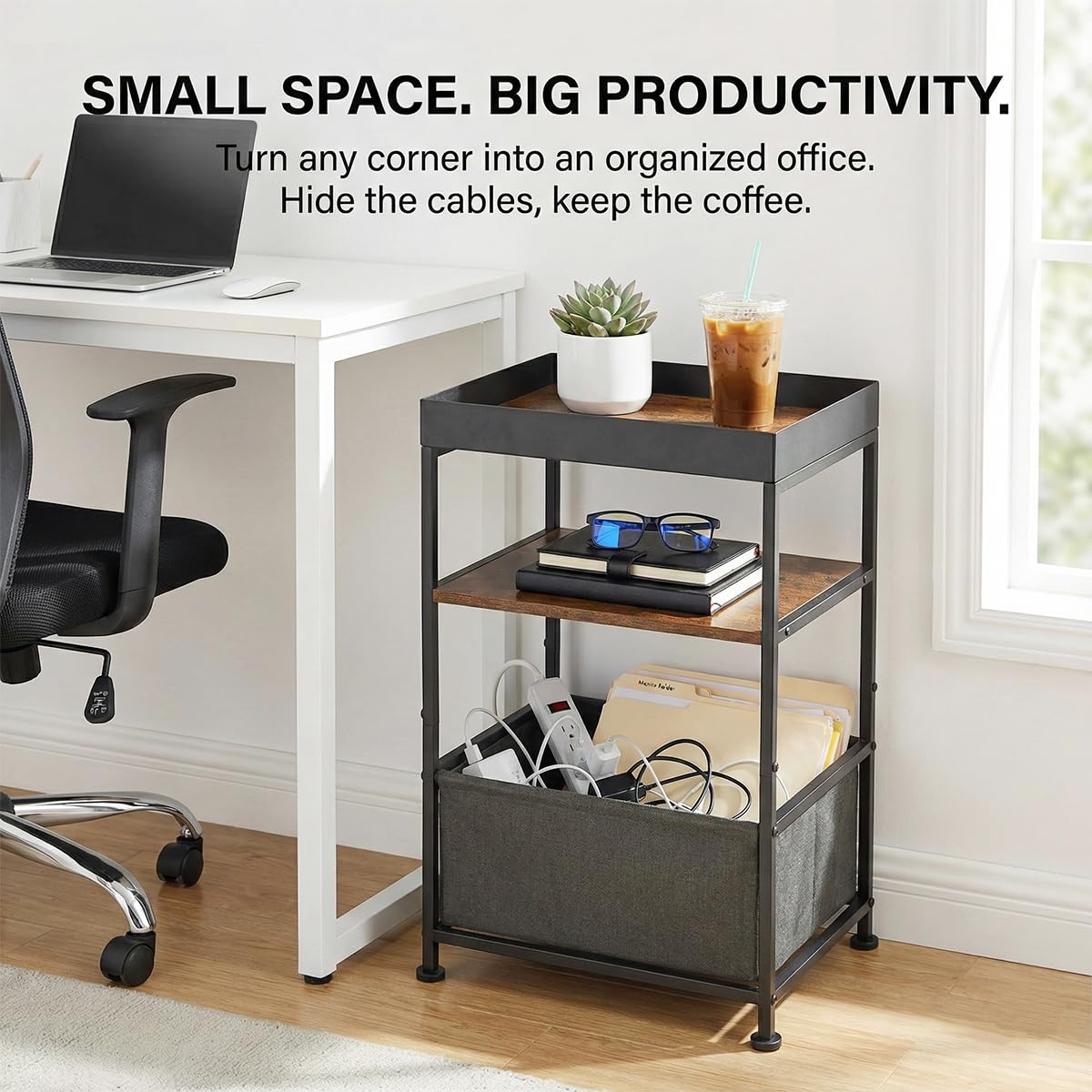 ZEXVIDA Industrial Narrow Side Table with Storage, 3 Tier End Table with Fabric Bin & Tray Top for Living Room, Narrow Nightstand Slim Bedside Table for Bedroom, Small Spaces, Rustic Brown