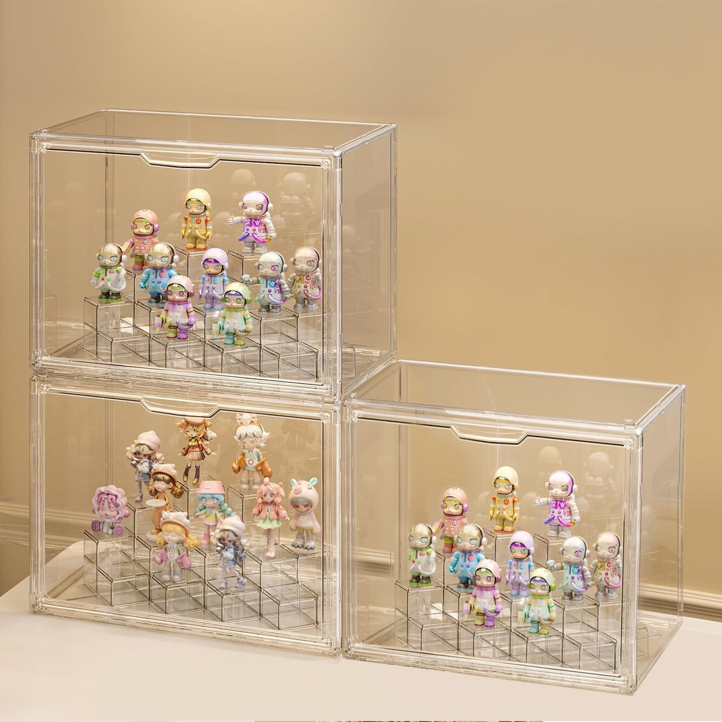 GUDEMAY Clear Acrylic Display Case for Collectibles with Magnetic Door, Stackable Dustproof Storage Cabinet Bins, Modular Risers, Showcase for Action Figures, Blind Box Toy, Collectible Figure (3Pack)