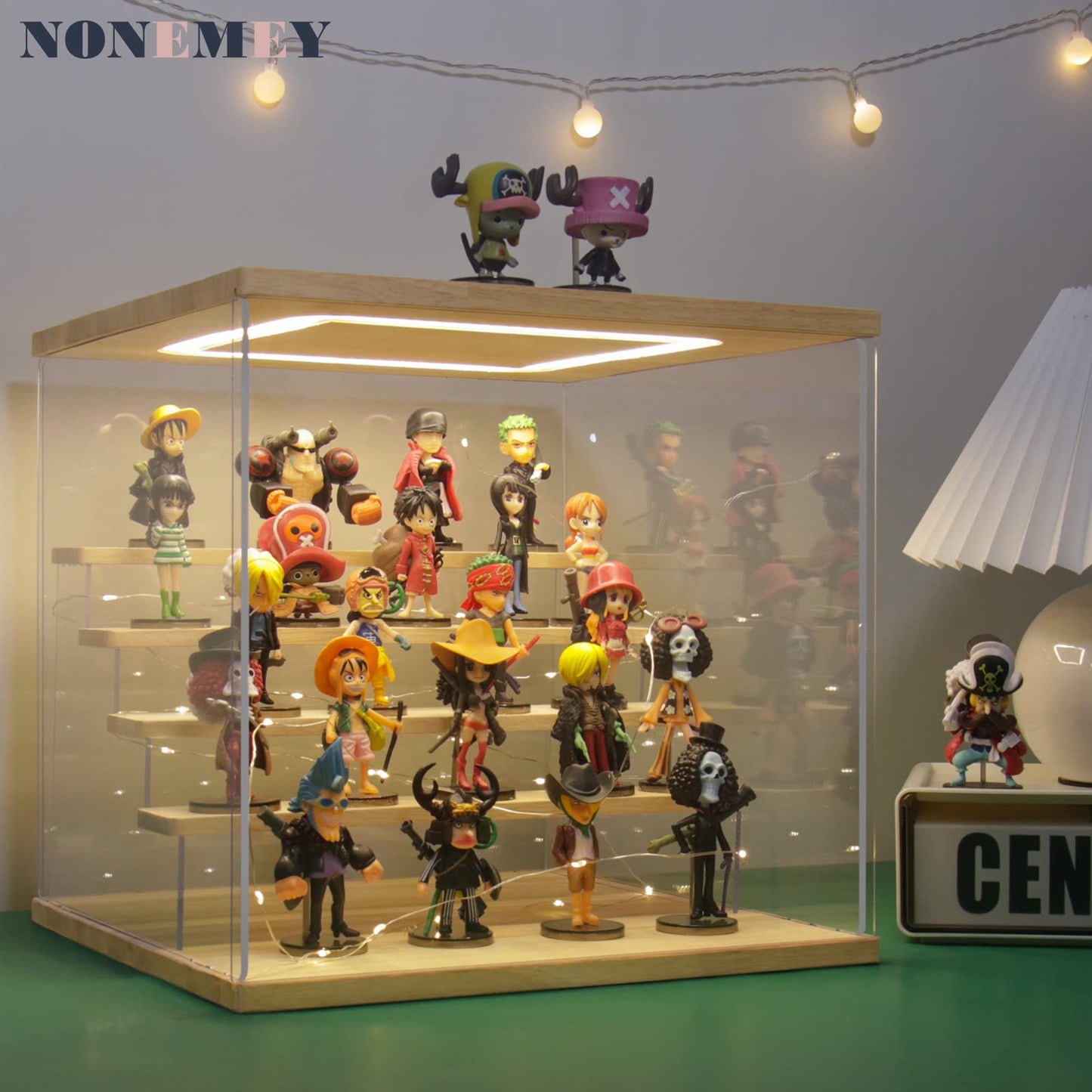 NONEMEY Clear Acrylic Display Case Stand with LED Light 2/3/4/5 Tier Storage Box Showcase Dustproof Organizer Box for Collectibles