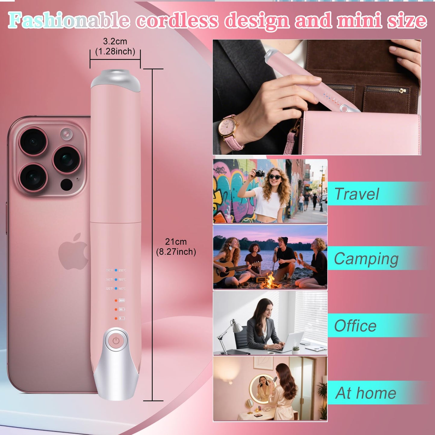 Cordless Hair Straightener for Women Cordless MINI Iron Portable Pink Hair Straightener,Fast Heating to 200°C Max Temperature Portable Straightener 2 in 1 for Hair Straightening and Curling