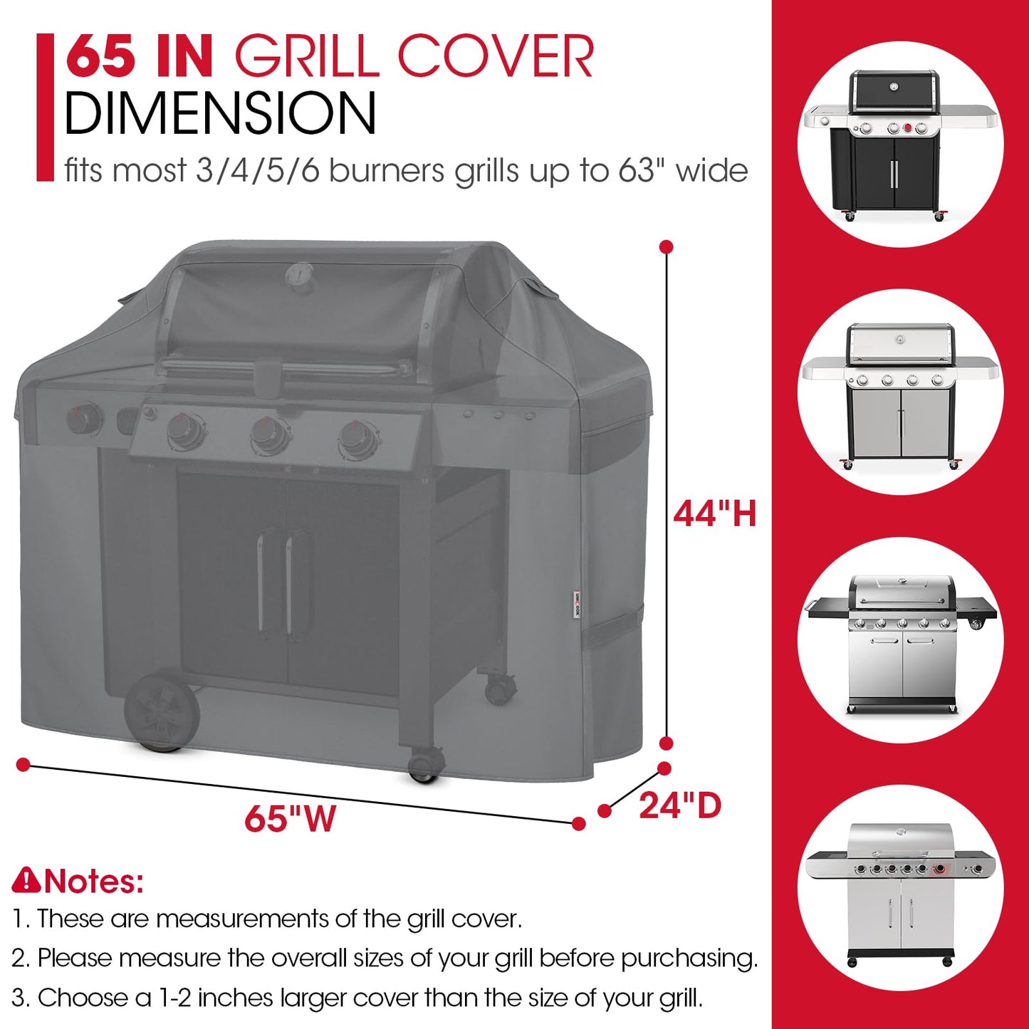 UNICOOK BBQ Cover 65 Inch, Waterproof Heavy Duty Barbecue Grill Cover, Fade Resistant Housse BBQ, Compatible for Weber, Char-Broil, Nexgrill, Brinkmann Barbecue and More, UV Resistant Material, Grey