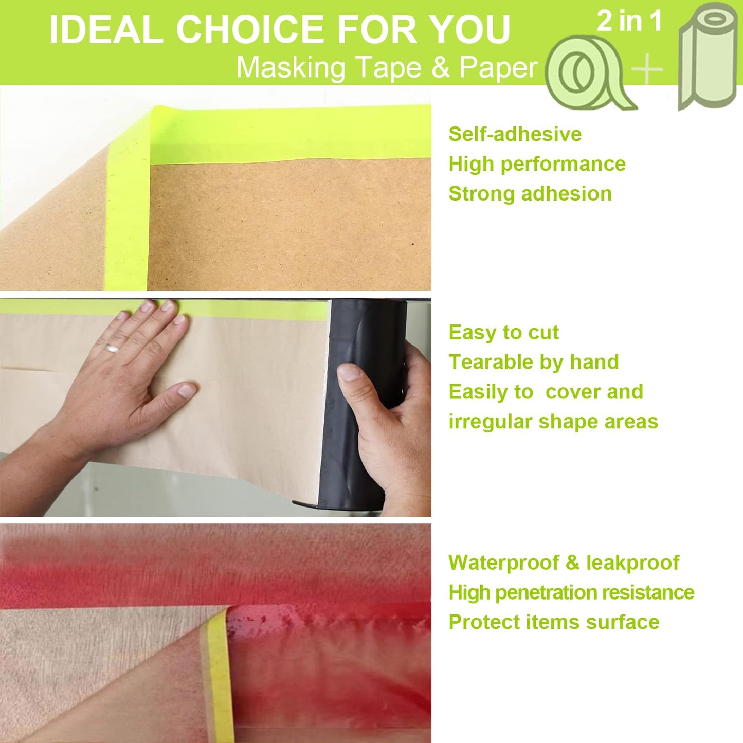 InnoStars Pre-Taped Masking Paper for Painting - 24 inch x 50 feet Tape and Drape Painters Paper, Paint Adhesive Protective Paper Roll for Covering Skirting, Frames, Cars and Auto Body (4 Rolls)