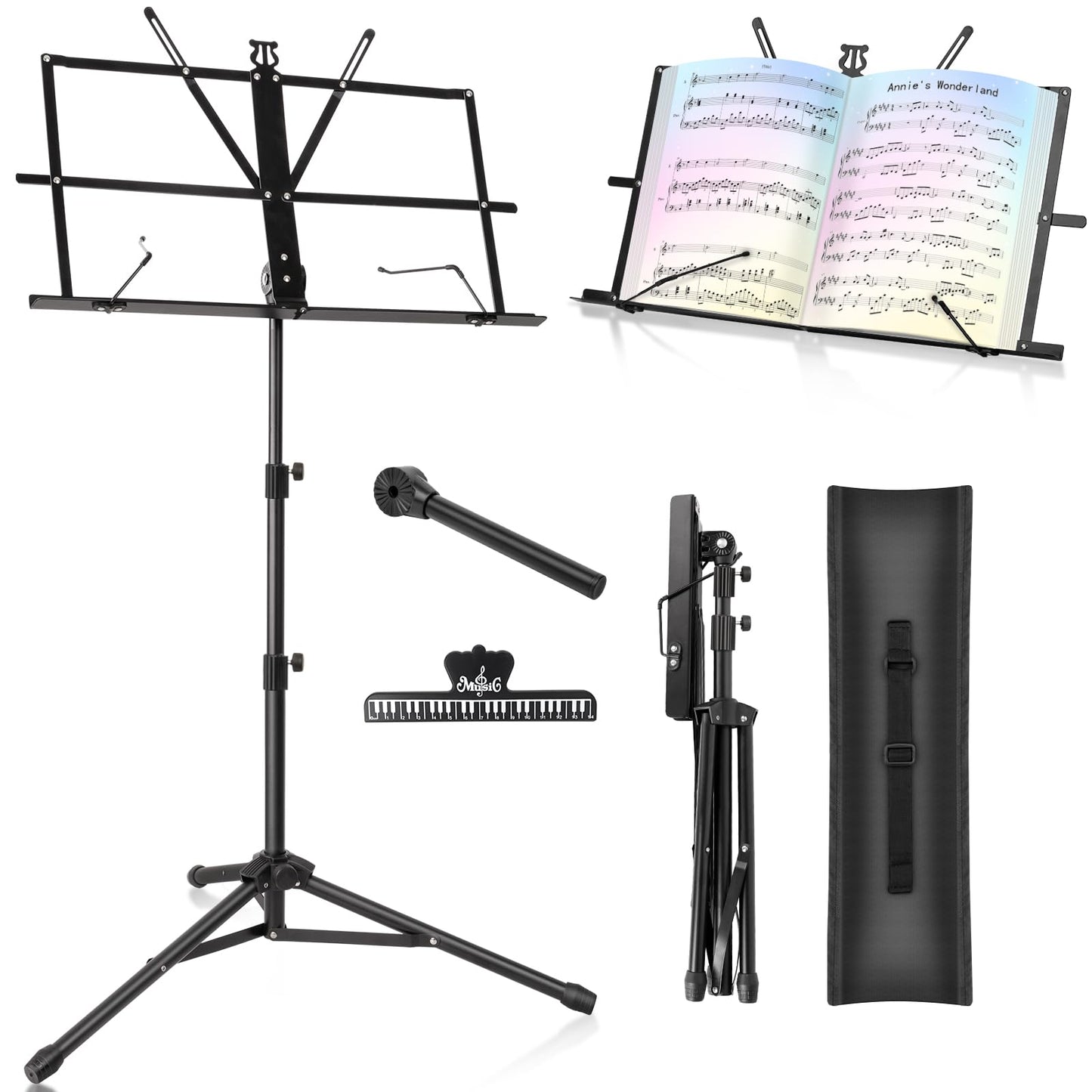 New bee 2 Pack Music Stand for Sheet Foldable with Carrying Bag, Metal Sheet Music Stand Portable, Adjustable Podium Stand with Tripod Base and Sheet Music Folder