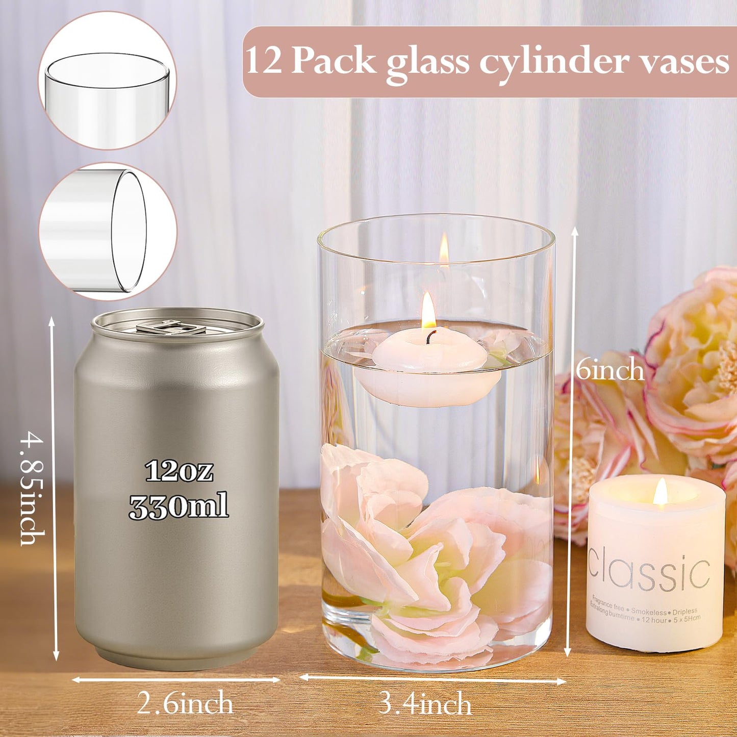 TBWIND 12pcs Glass Cylinder Vases for Centerpieces, Clear Vases for Wedding Decorations and Indoor Home Decor, 6 Inch Tall Glass Flower Vases, Hurricane Candle Holder for Table Shelf