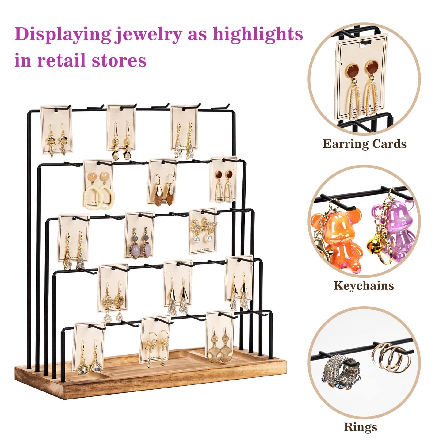 DGWJSU Earring Display Stands for Selling, Earring Rack Display Holder Stand, Jewelry Display for Selling Earring Cards, Bracelets, Hair Accessories, Rings, Necklaces 15"W x 6"D x 15.5"H (30 Hooks)