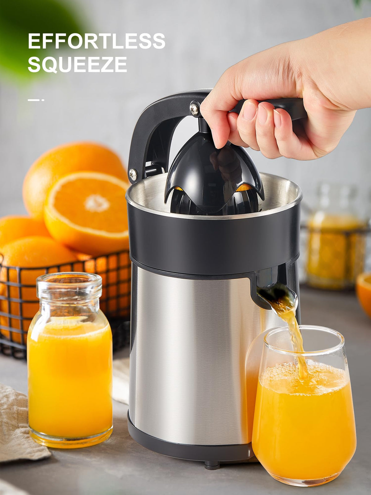 Reemix Electric Citrus Juicer Squeezer, Orange Juicer with Two Interchangeable Cones, Suitable for orange, lemon and Grapefruit, Brushed Stainless Steel, Easy to Clean and Use (Alloy Steel,Plastic)