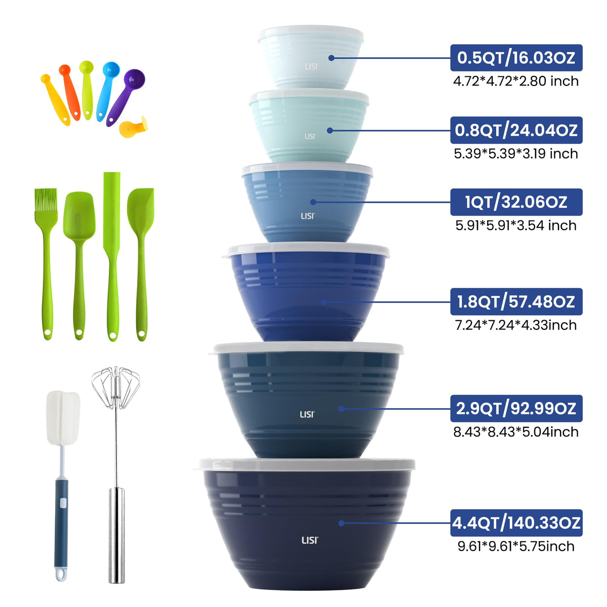 LISI 23Pcs Mixing Bowls Set with Lids, Airtight BPA-Free Nesting Bowls for Mixing, Baking, Cooking & Storage, Dishwasher Safe Serving Bowl, Includes Spatula, Spoons, Brush & Whisk