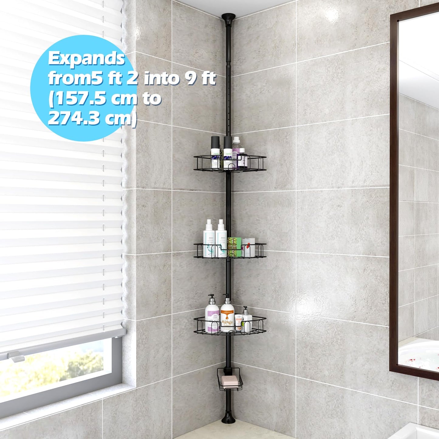 Corner Shower Caddy, Adjustable 4 Layer Shower Organizer, Tension Pole Extend from 39 to 125 Inch Shower Shelf for Inside Shower Black