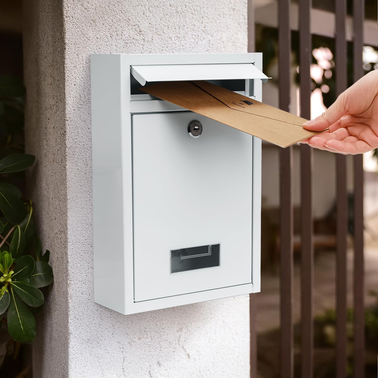 DEAYOU Wall Mount Mailbox with Key Lock, Locking Mail Box for Outside, Steel Cover Metal Dropbox, Security Postbox with Slot for Envelope, Letter, Home, Office, 12.6" H x 8.5" L x 3.3" W, White