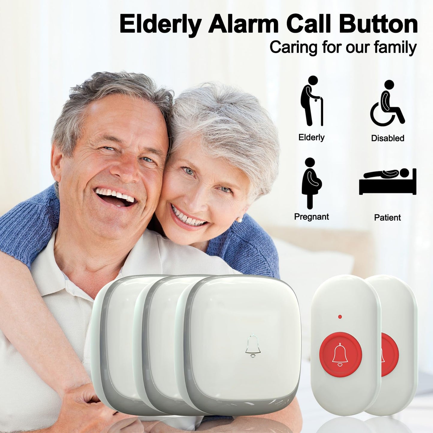 Fall Alert Devices for Elderly, Wireless Caregiver Pager Panic Button 500+ft for Home/Elderly/Pregnant Women/Disabled, 3Receivers+2 Transmitters