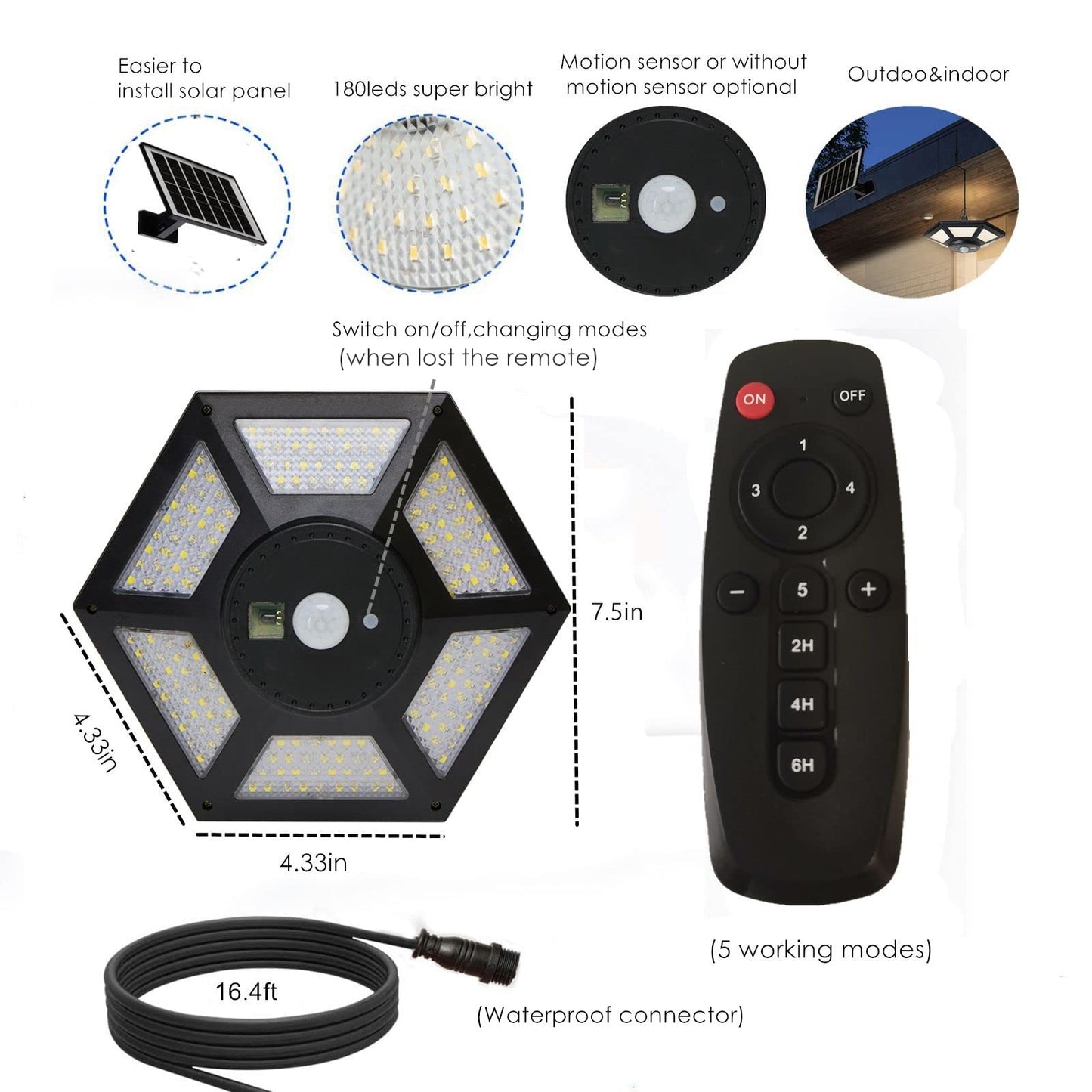 Solar Lights Indoor&Outdoor Home 1000Lumen 360° Hexagon Shed Solar Light Motion Sensor 180Leds Solar Barn Light with Remote Solar LED Pendant/Ceiling Light for Chicken Coop/Workshop/Gazebo/Patio/Yard