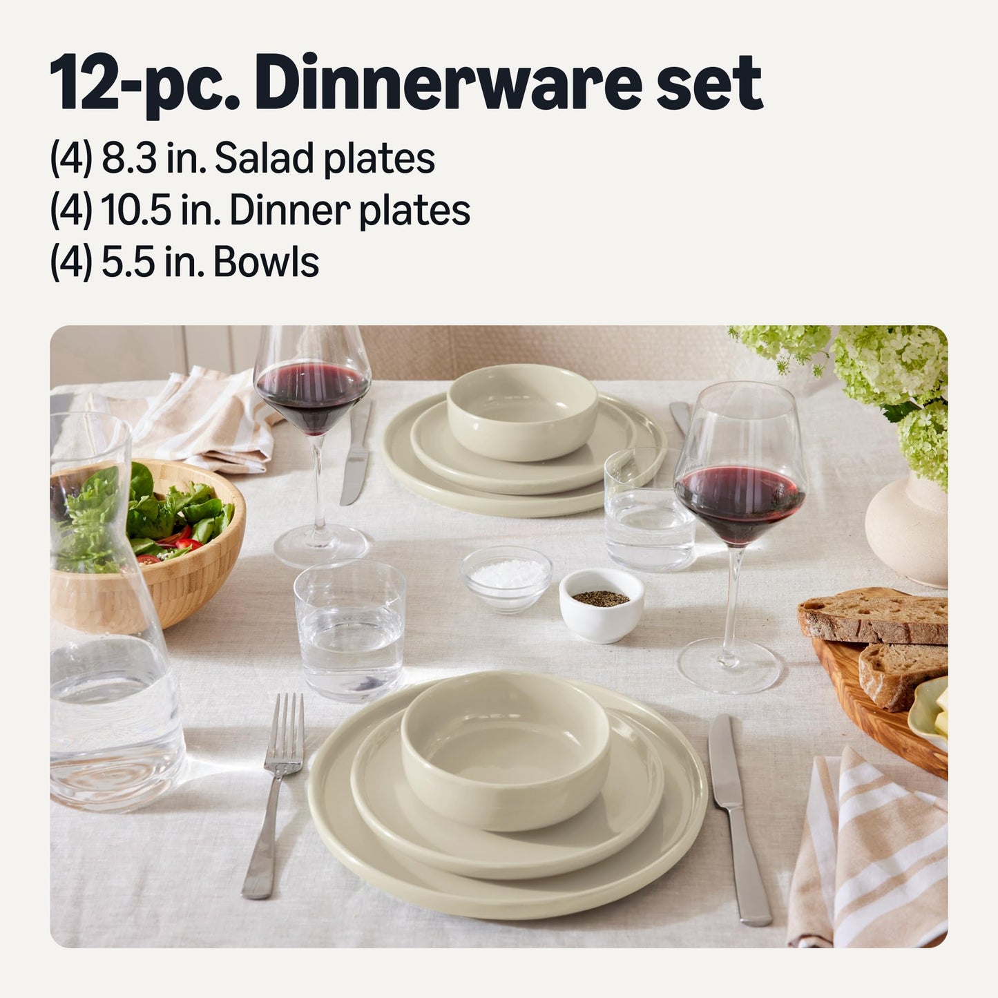 Amazon Basics Glazed Stoneware Dinnerware, 12-Piece Set, 4 Full Place Settings, Dishwasher-Safe, Ivory