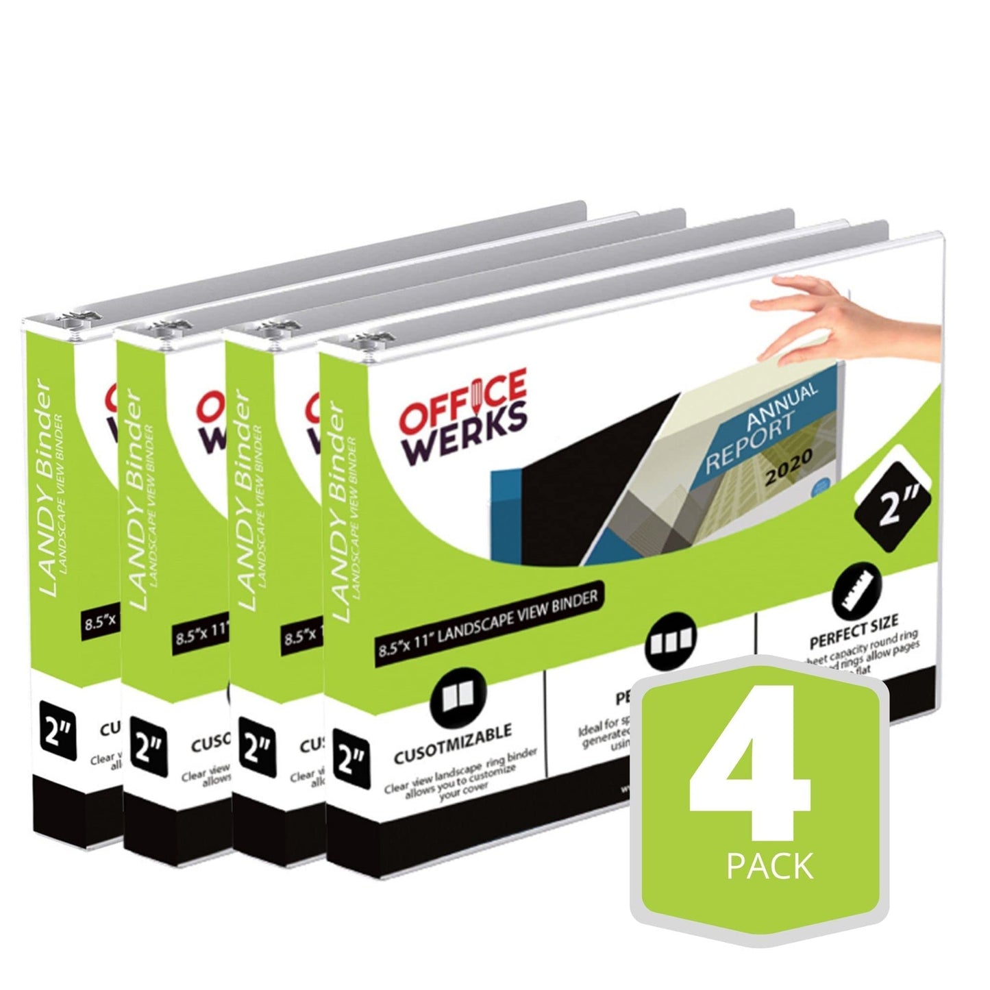 4 Pack of 8.5" X 11" Landscape View 3-Ring Binder 2 Inch Capacity Round Ring, White Horizontal Formatted with Clear Cover Pockets for Documents, Spreadsheets, Projects and More
