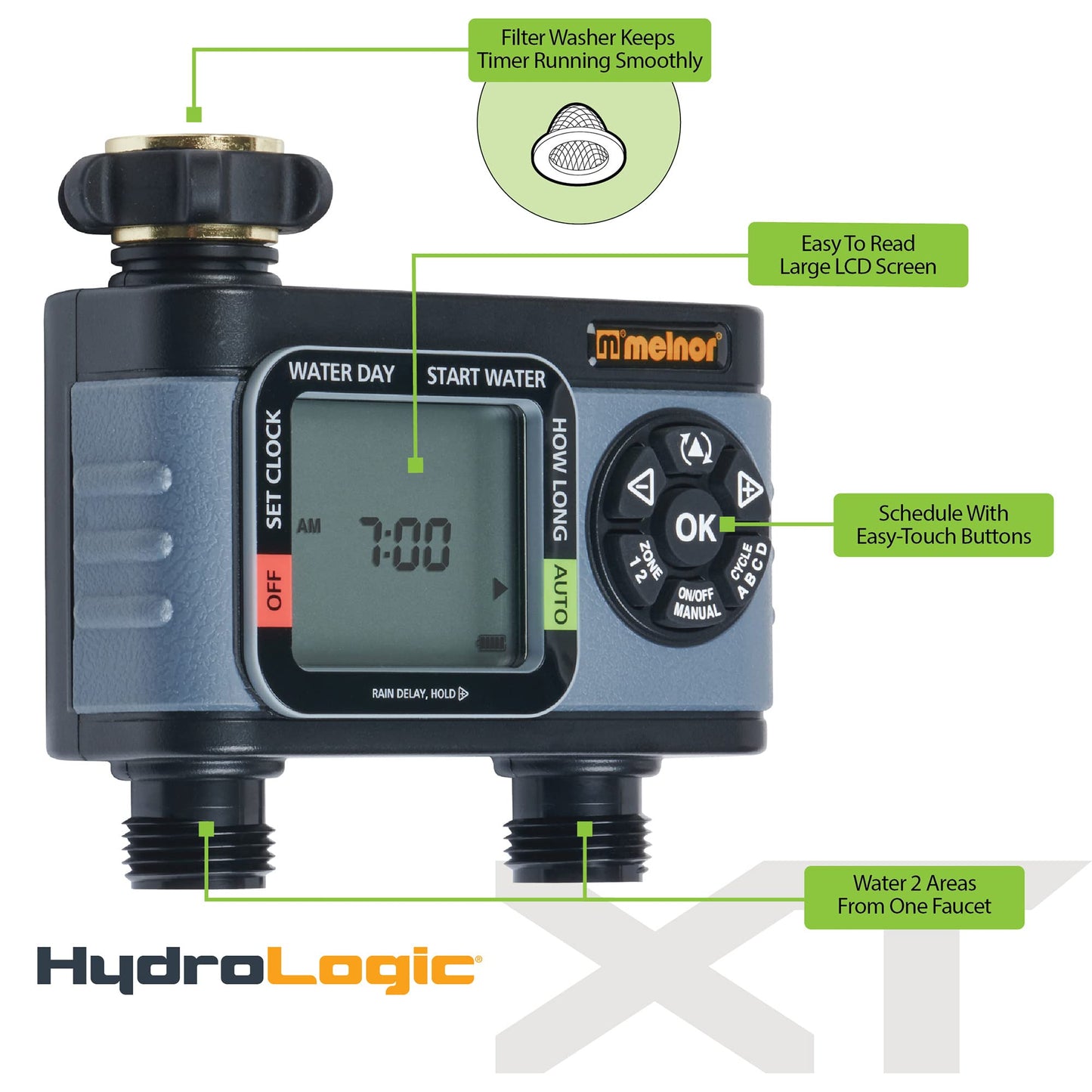 Melnor 65166AMZ HydroLogic Digital Hose Timer, 2-Zone Programmable Watering Timer, Quick Connect Bundle, Black, Grey