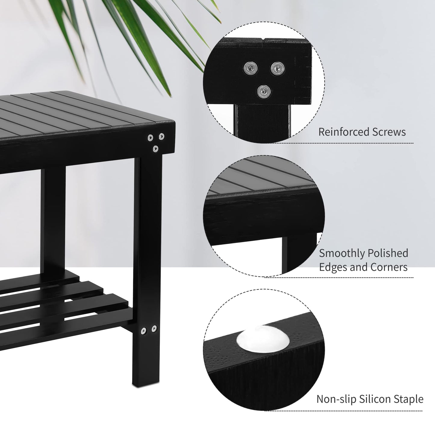 VaeFae - Bamboo Spa Bench with Non-Slip Feet and Shampoo Towel Storage Shelf, Works in Bathroom, Living Room, Bedroom, Garden, Black
