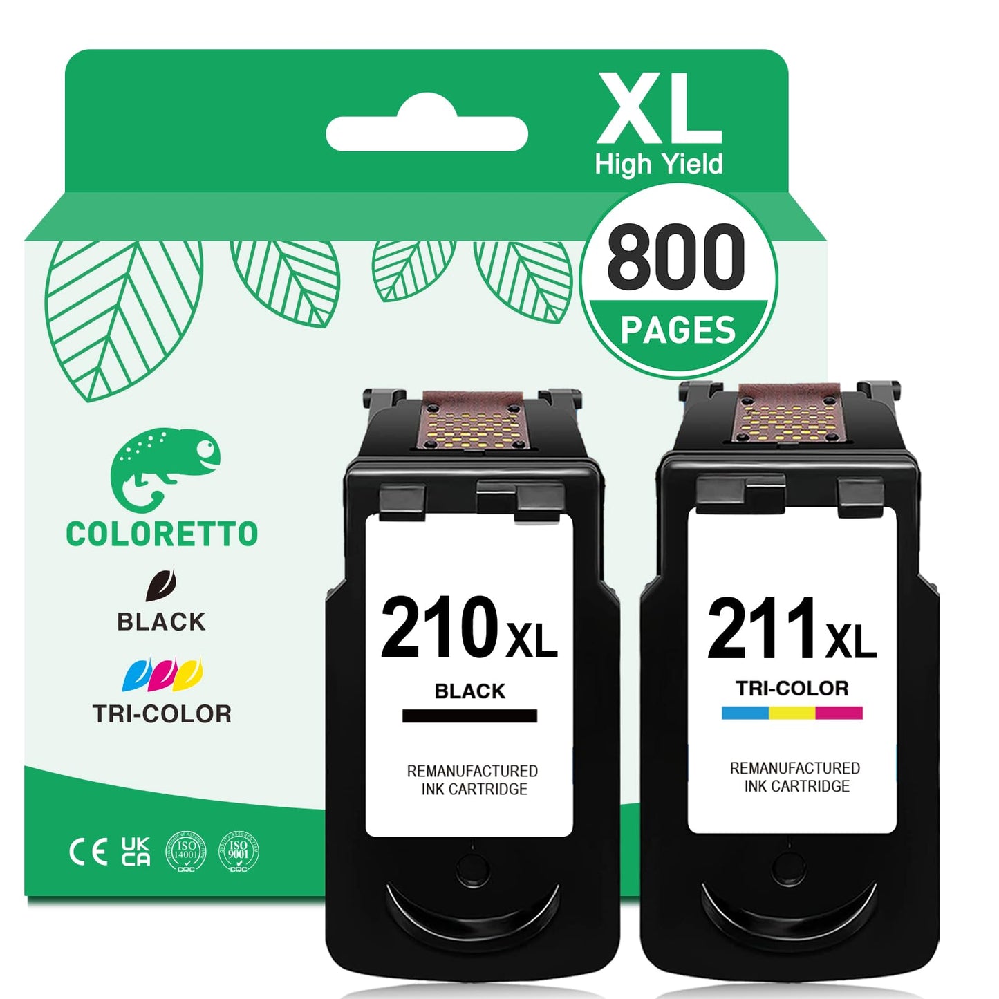 COLORETTO 210 211 XL Pg-210XL Cl-211XL Ink Cartridge Compatible with Canon Pixma MP230 MP240 MP250 MP280 MP480 MP495 MX320 MX340 MX350 MX410 MX420 IP2700 IP2702 Printer 1 Black 1 Color 2-Pack