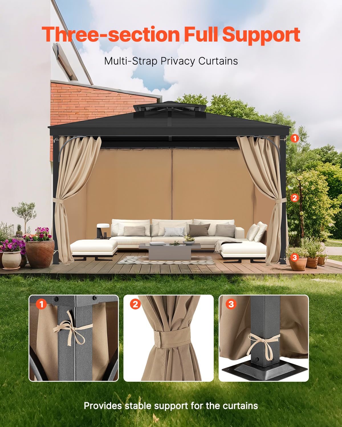 VEVOR Gazebo Curtains Outdoor, Fit Most 12' x 10' x 7.3' Gazebos, 4-Panel Sidewall Gazebo Privacy Curtains with Zippers, Outdoor Curtain Replacement for Patio Canopy, Only Curtain, Khaki