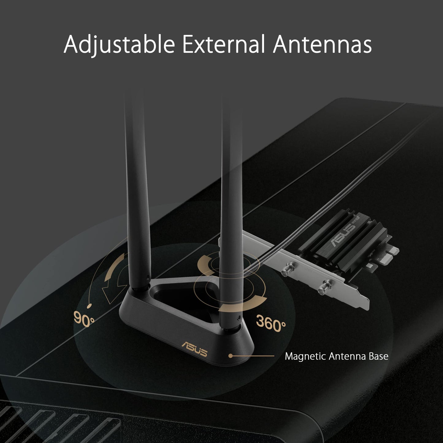 ASUS PCE-AXE59BT WiFi6 6E AX5400 PCI-E Adapter with 2 External Antennas and magnetized Base. Supporting 6GHz Band, 160MHz, Bluetooth 5.2, WPA3 Network Security, OFDMA and MU-MIMO