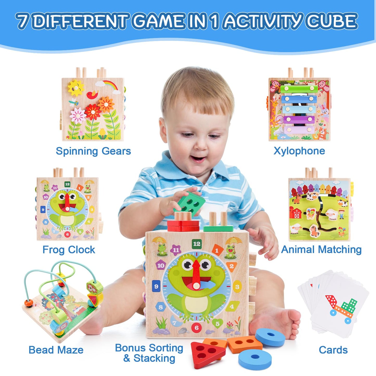 Wooden Activity Cube | Montessori Toys for 12+ Months Toddlers | One Year Old 1st First Birthday Gift | Educational Learning Toys for Baby Boys Girls Age 1 2 3 | Bonus Sorting & Stacking Game (Pink)