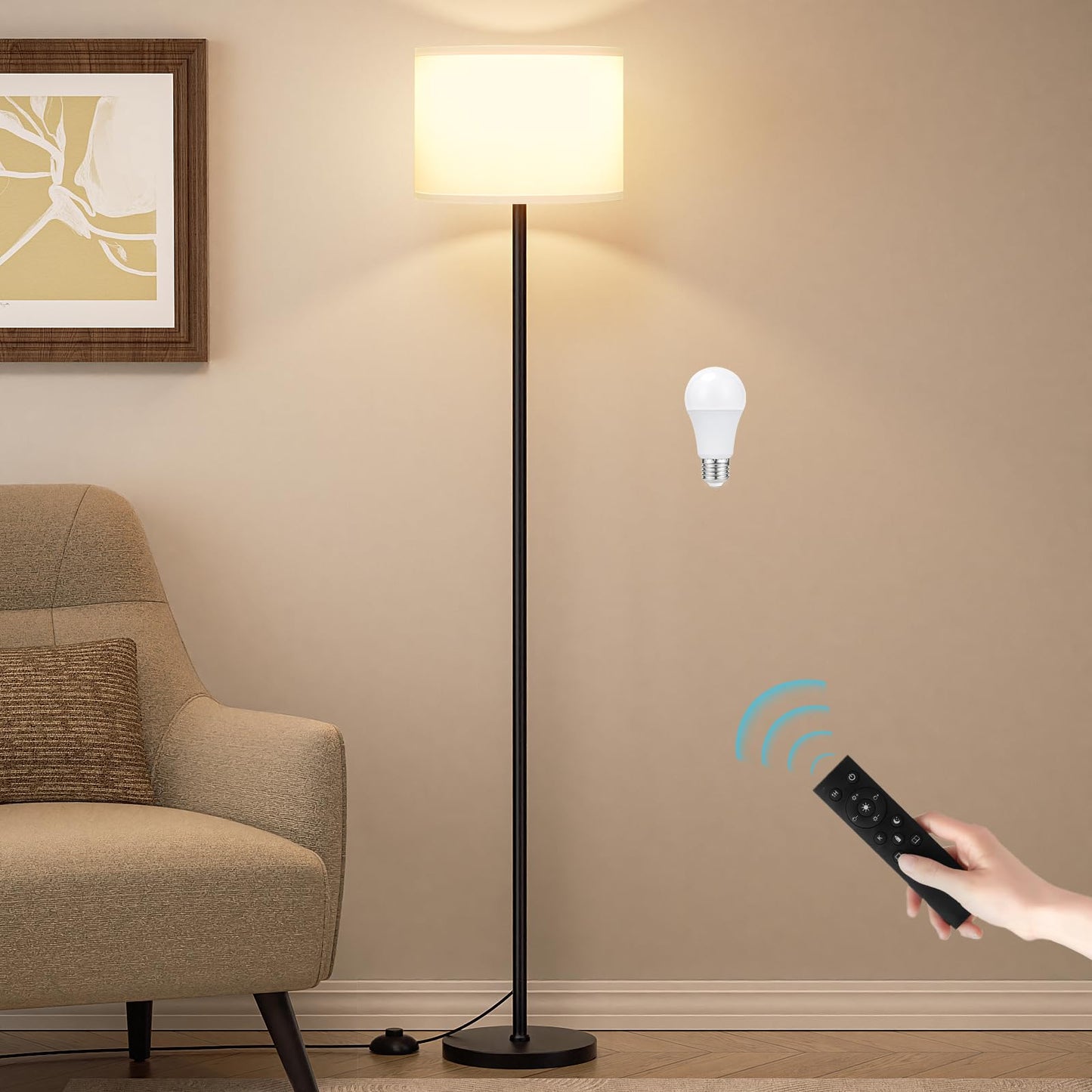 Ambimall Modern Floor Lamp with Remote Control and 9W Bulb, Brightness and Color Temperature Adjustable, 60" Tall Lamps for Living Room Bedroom Office Dining Room Kitchen