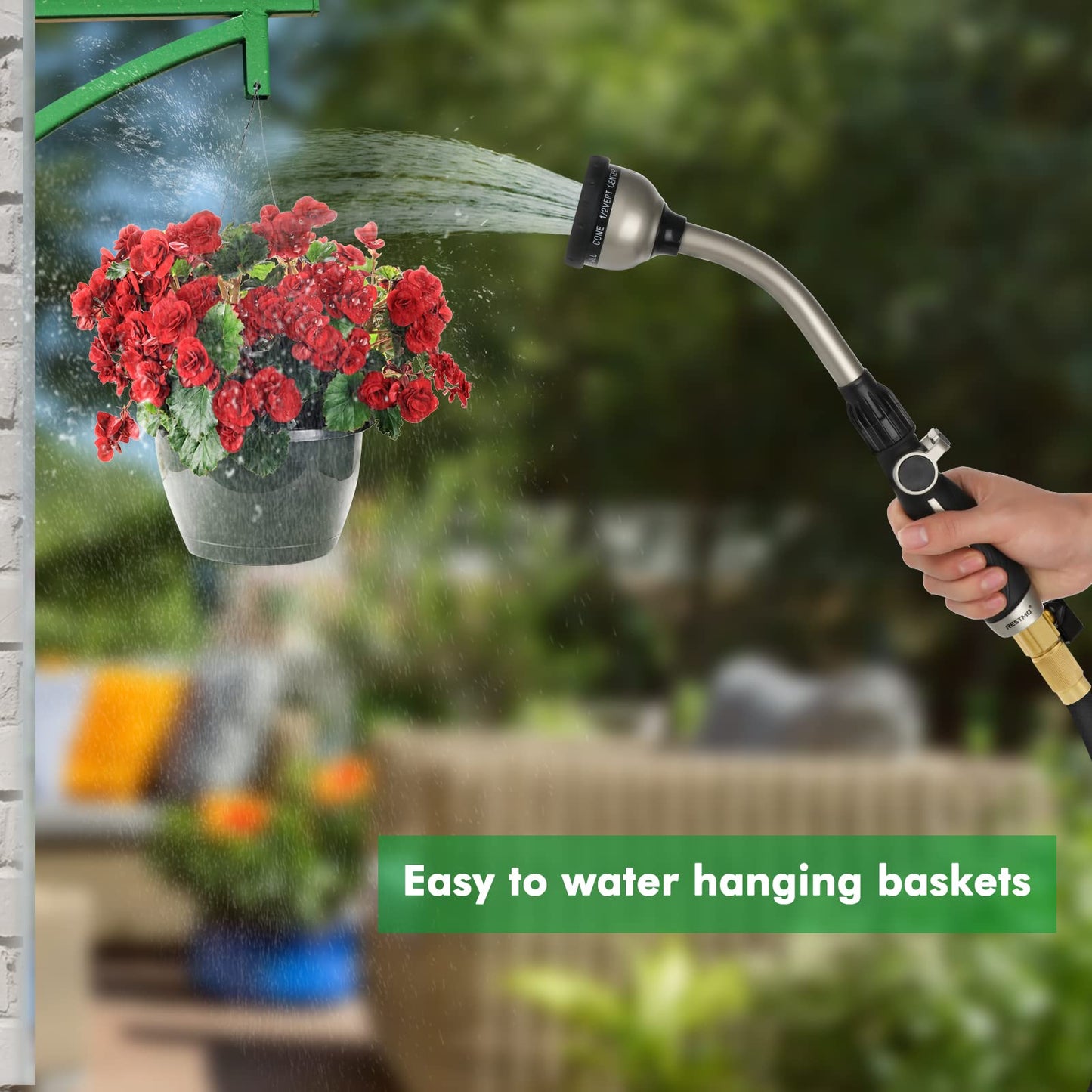RESTMO Metal Garden Hose Wand with Thumb Flow Control, Watering Wand Heavy Duty, 15-Inch Long Hose Nozzle Sprayer with 10 Spray Patterns, Ideal to Water Hanging Baskets and Shrubs, Black