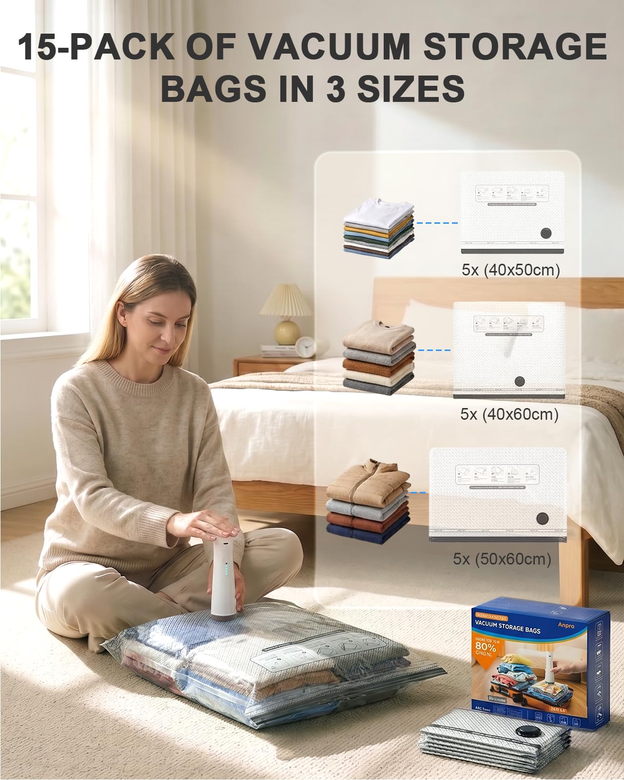 Anpro 15 Pack Vacuum Storage Bags with Electric Pump, 80% Space Saver Compression Bags (5 Jumbo/5 Large/5 Medium) for Clothes, Comforters and Blankets, Vacuum Seal Bags for Travel and Home Storage