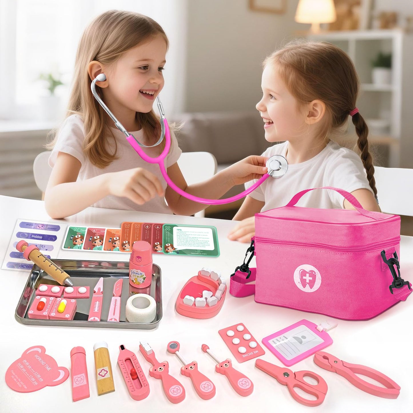 XZZO Doctor Kit for Kids, Pretend Play Dentist Set for Toddlers with Medical Bag & Real Stethoscope, Realistic Wooden Medical Kit Role Play Set, Gifts for Boys Girls 3+ Years