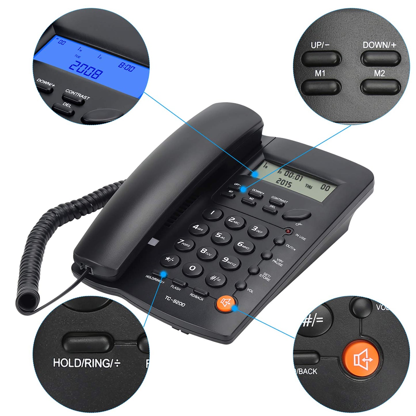 Uvital Desktop Corded Telephone, DTMF/FSK Mode, LCD Display, Calls Memory, Basic Calculator, Special Ring for VIP Numbers, M1,M2 One Touch Memory, in Use LED Indication, Last Number Redial
