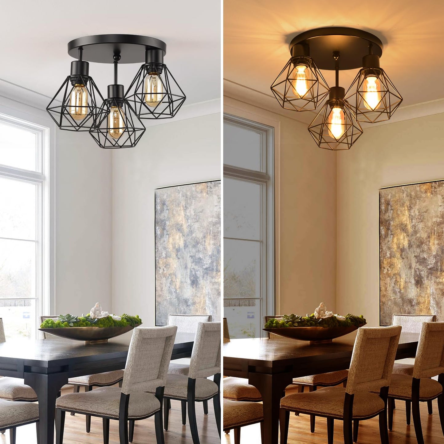 3 Lights Industrial Ceiling Light Fixtures,Iron Cage Ceiling Lamp Pendant Lighting,3-Light Close to Ceiling Light Fixtures, Modern Chandelier for Bedroom Entryway Kitchen Hallway