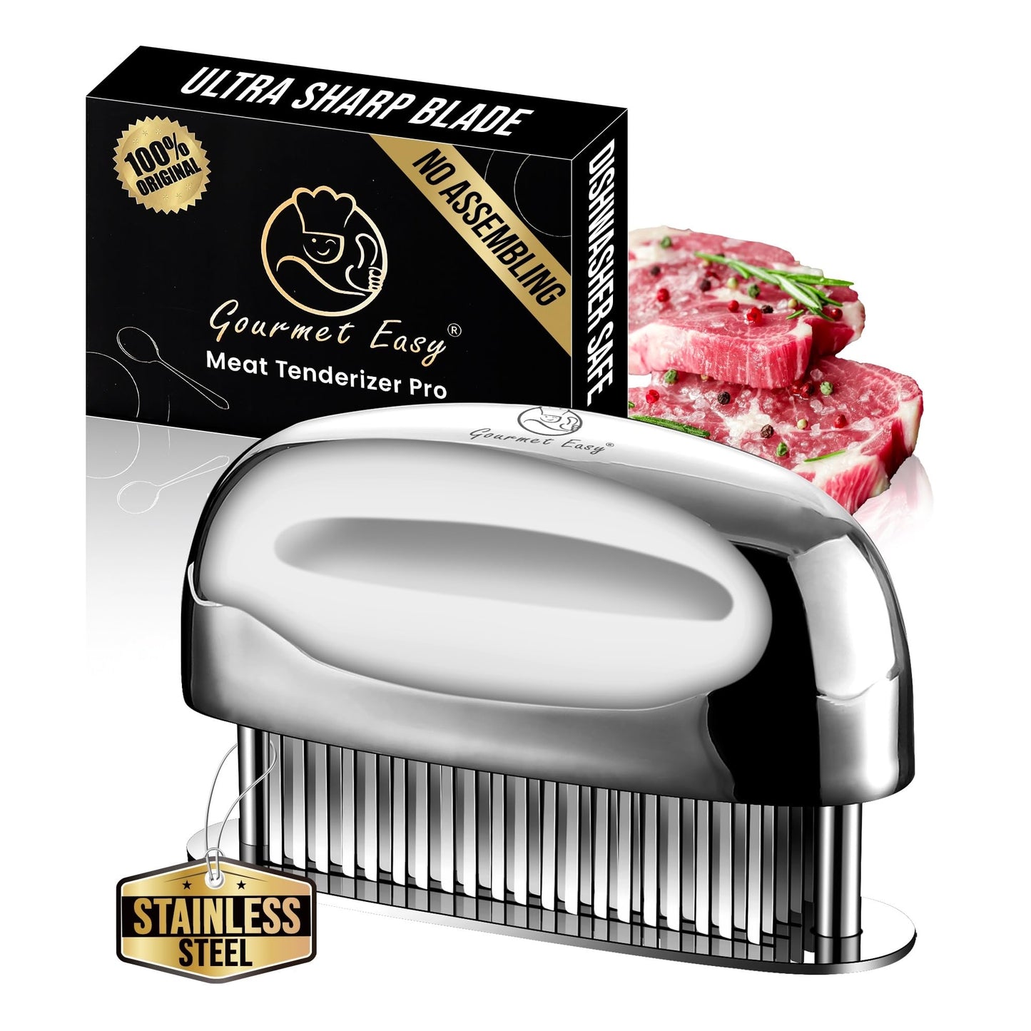 Meat Tenderizer Tool - Hand Held Blade Tenderizer for Meat - Ultra Sharp Needle Blades 100% Stainless Steel - Heavy Duty Kitchen Gadgets - Cooking Gadgets for Tenderizing Chicken, Steak, Veal, BBQ