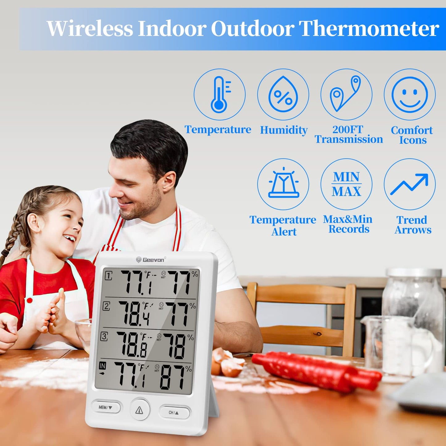 Geevon Indoor Outdoor Thermometer Wireless with 3 Remote Sensors, Digital Hygrometer Thermometer Temperature Humidity Monitor with Comfort Indicator, Temp Alarm, 60M/200FT Range for Home(White)