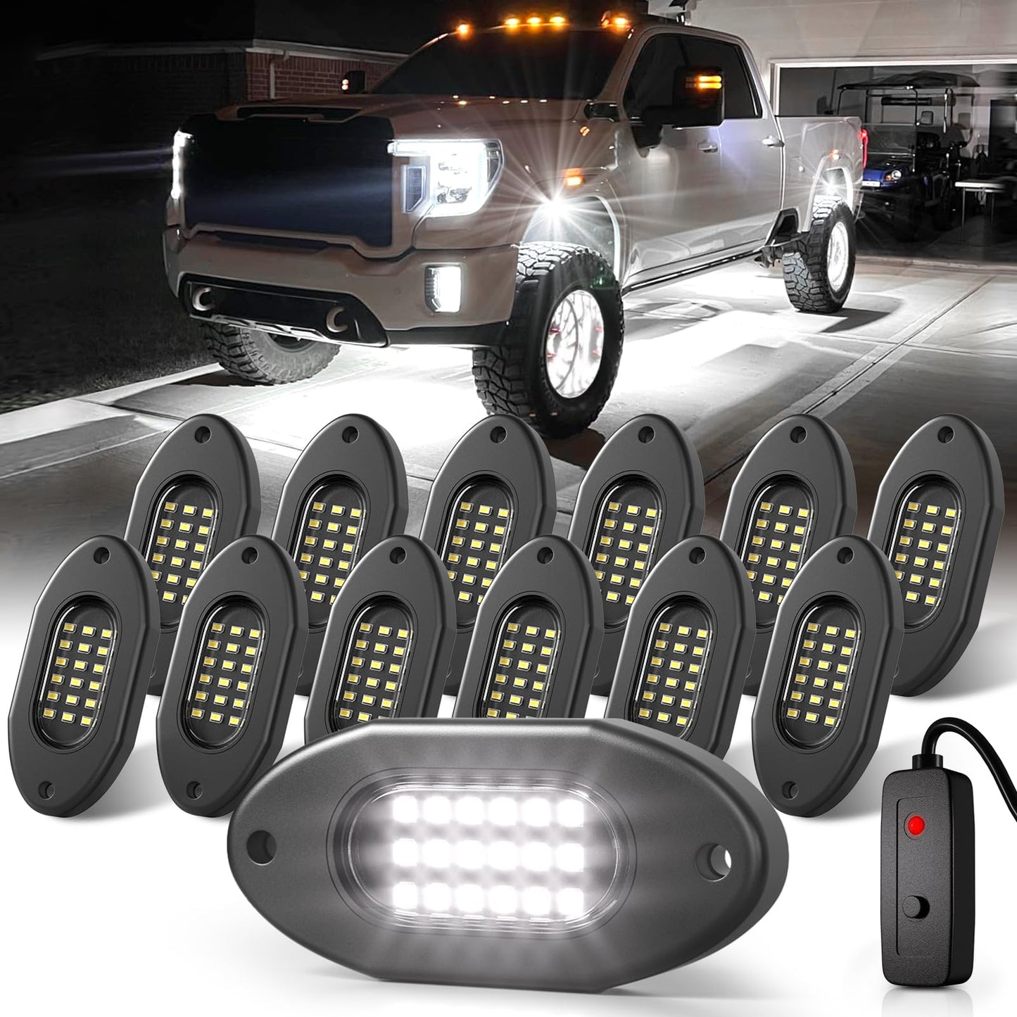 Honalia Pure White Rock Lights for Trucks 12 Pods, 6000K White Neon Lights Kits with Switch