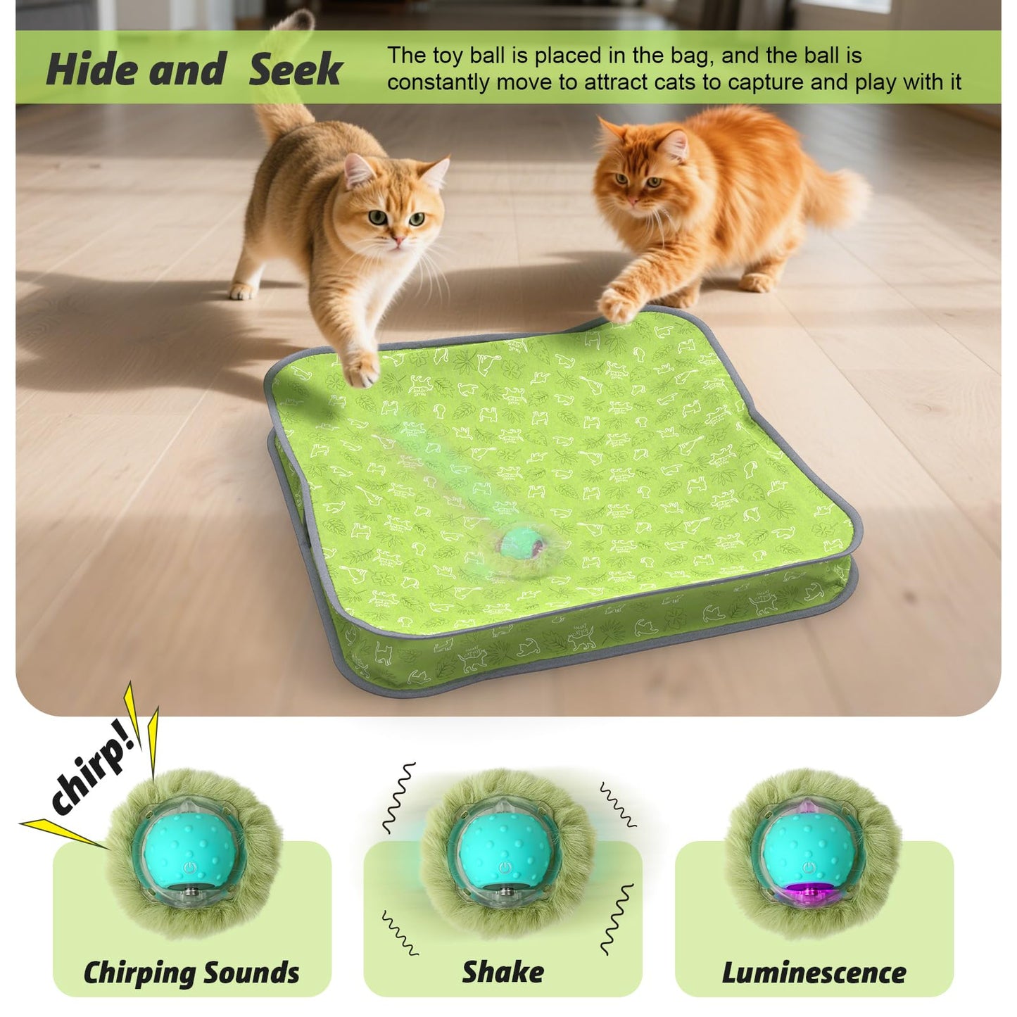 FUGODIWI Interactive Cat Toy for Indoor Cats - Automatic Rolling Cat Ball with Motion Activated Chirping & Light,Hide and Seek Mouse Game,Stimulates Hunting Instincts,Fun Kitten Enrichment Toy