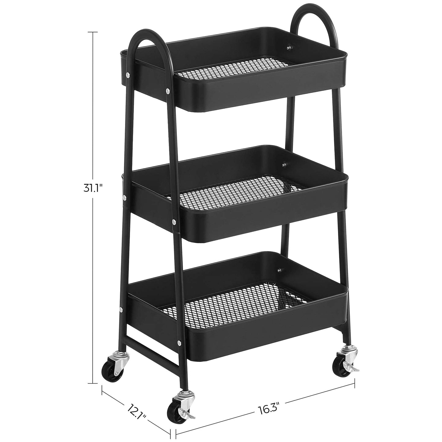 SONGMICS 3-Tier Utility Rolling Cart, Metal Storage Cart with 2 Brakes and Handles, Black UBSC068B01