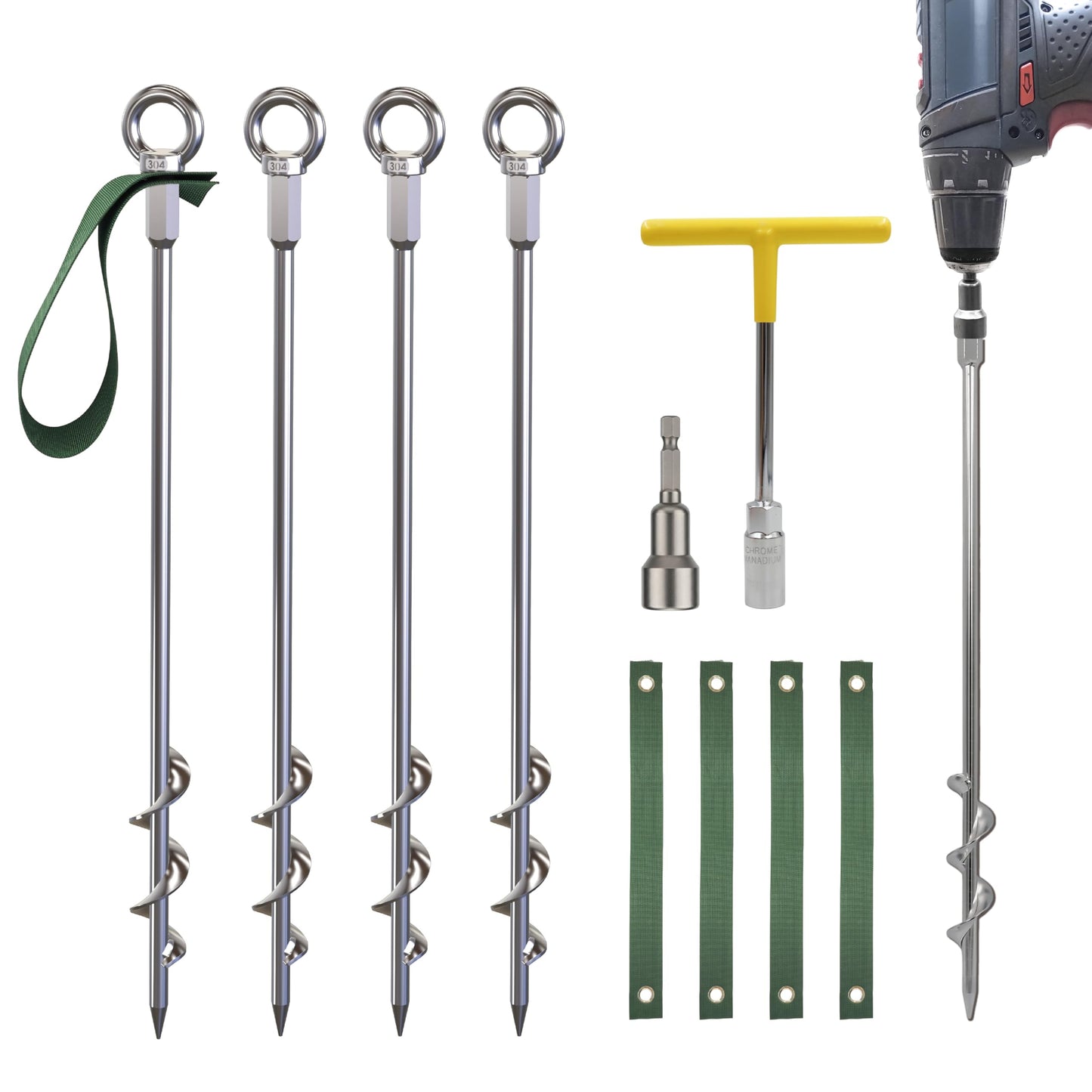NACETURE 18-Inch Heavy Duty Ground Anchors Screw in, 4 Pack Earth Anchor Kit with Manual & Power Wrench, Tie-Down Straps and Stainless Steel Eye Bolts for Trampoline, Swing Set, Shed, Tent and Canopy