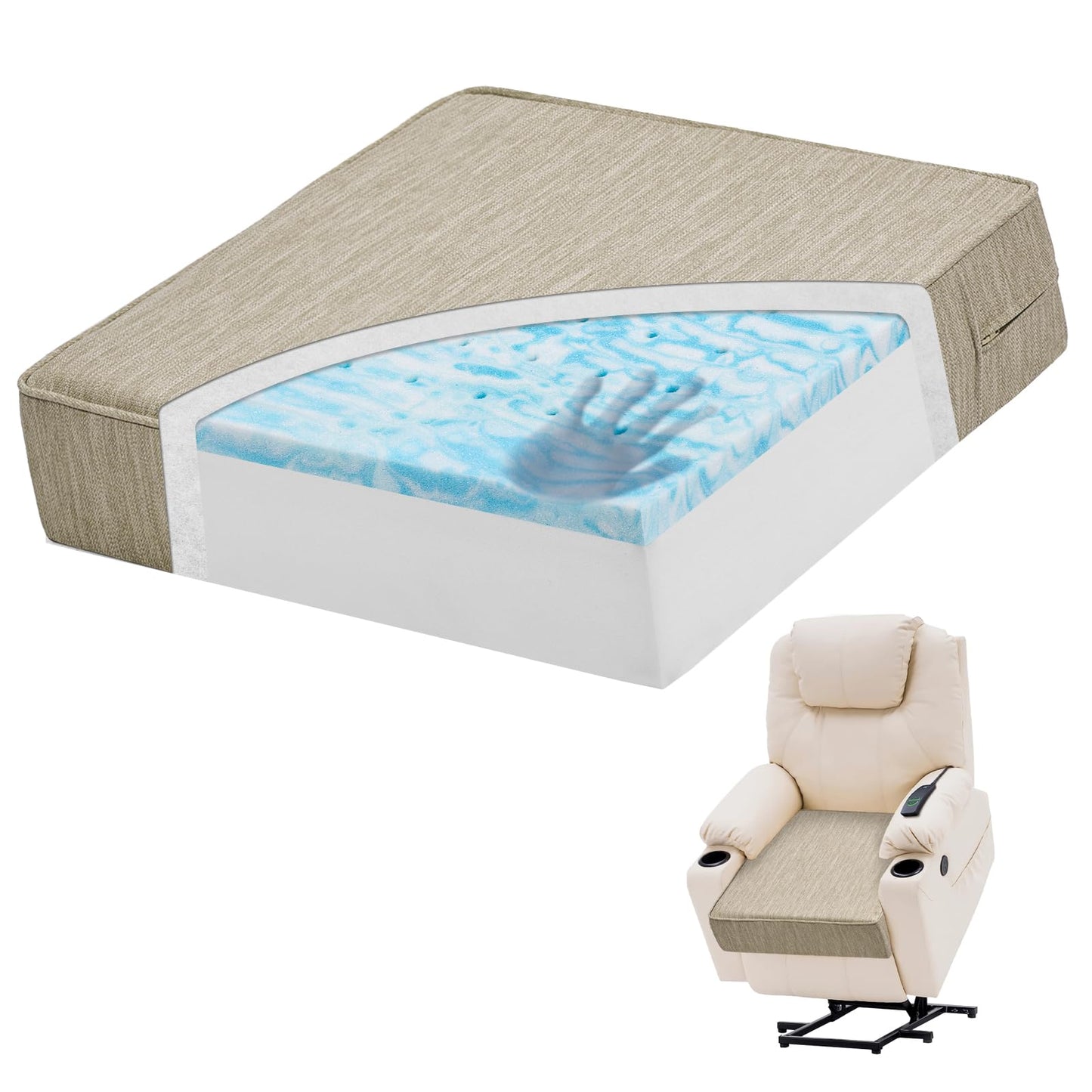 baibu Extra Large Dual-Layer Gel Memory Foam Recliner Cushions for Elderly, 20x20x5 Inch Thick Non-Slip Recliner Seat Cushion Suitable for Couch for Easy to Stand Up & Reduce Hip & Lumbar Pain, Beige