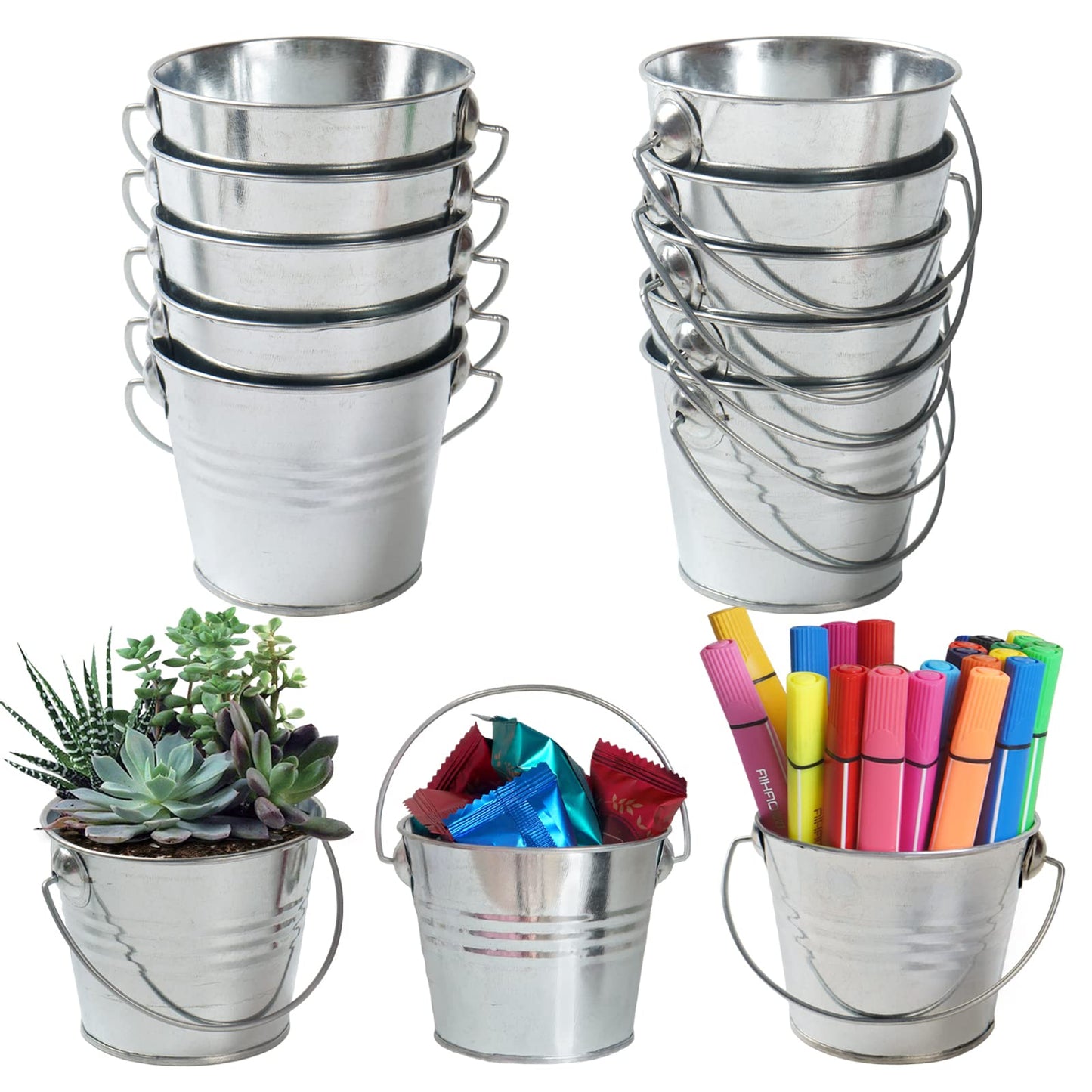 GDYOOSHOW 10pcs 3 inch Tall Galvanized Metal Buckets Mini Planters for Succulent,Centerpieces for Party, Wedding Ornaments. (10pcs mini Buckets)