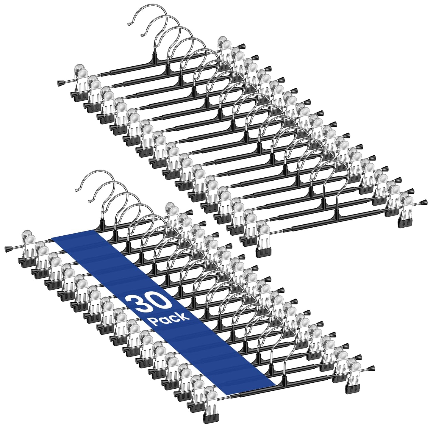 Pants Hangers with Clips Skirt Hangers 30 Pack, Space Saving 12Inch Adjustable Hanger Heavy Duty Non-Slip for Trousers, Jeans, Clothes, Shorts (Black, 30Pack)