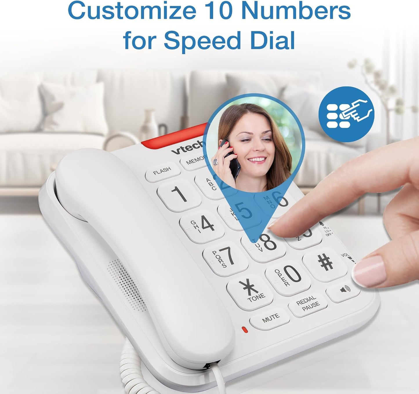 VTech Careline Corded Phone for Seniors, with Oversized High-Contrast Buttons, Talking Digits, Visual LED Ringer, Full-Duplex Base Speakerphone, 10 Number Speed Dial, SN1107