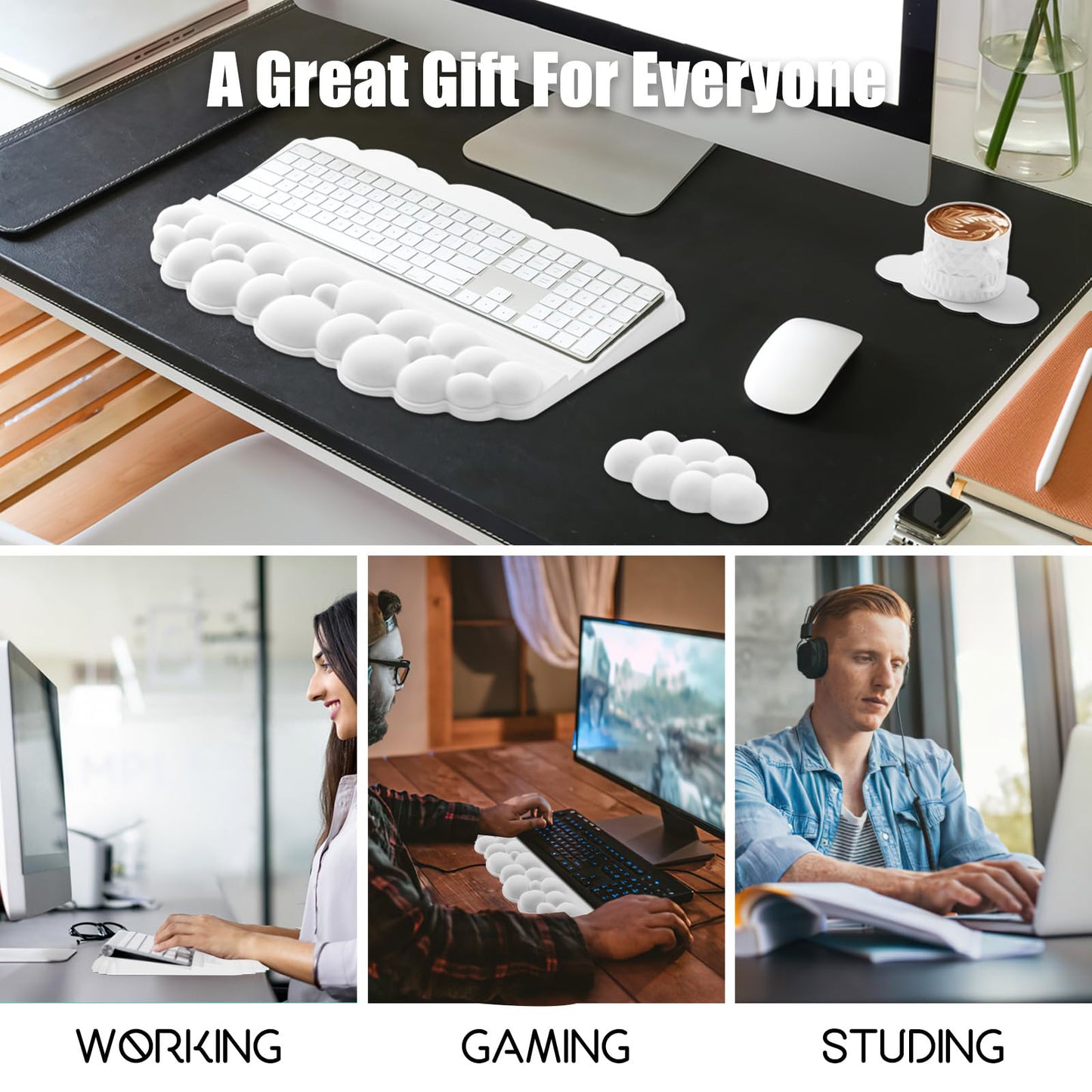 Ergonomic Wrist Rest for Keyboard and Mouse, Soft Memory Foam Cloud Keyboard Stand Pad with Wrist Rest Set, Easy Typing, Pain Relief, Comfort for Office, Work, Gaming - White