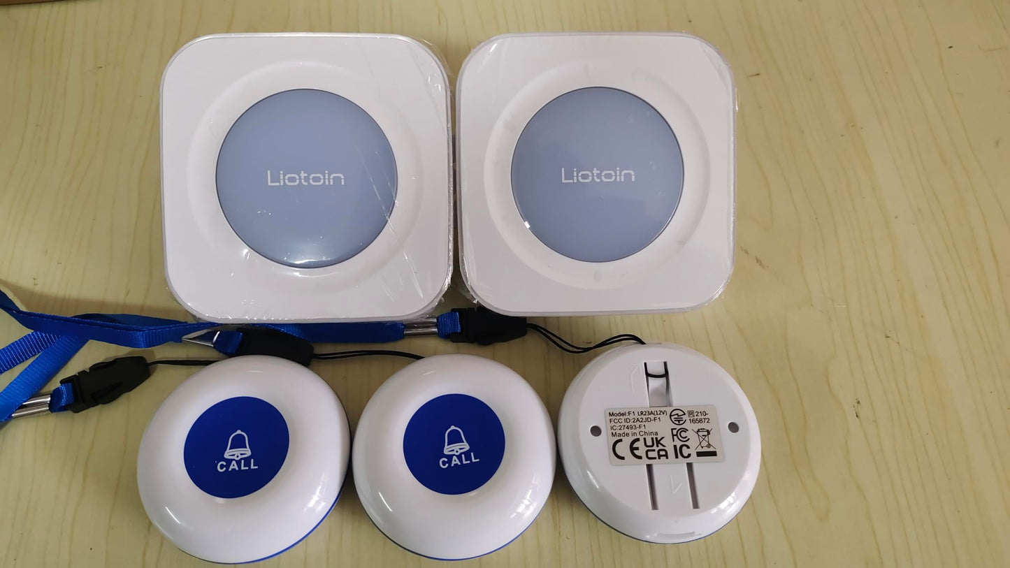 LIOTOIN Caregiver Pager Wireless Call Button for Elderly Nurse Alert System Call Bell Alert Button for Elderly/Patients/Disabled 3 Transmitters 2 Plugin Receivers (with Color Light Flashing Reminder)