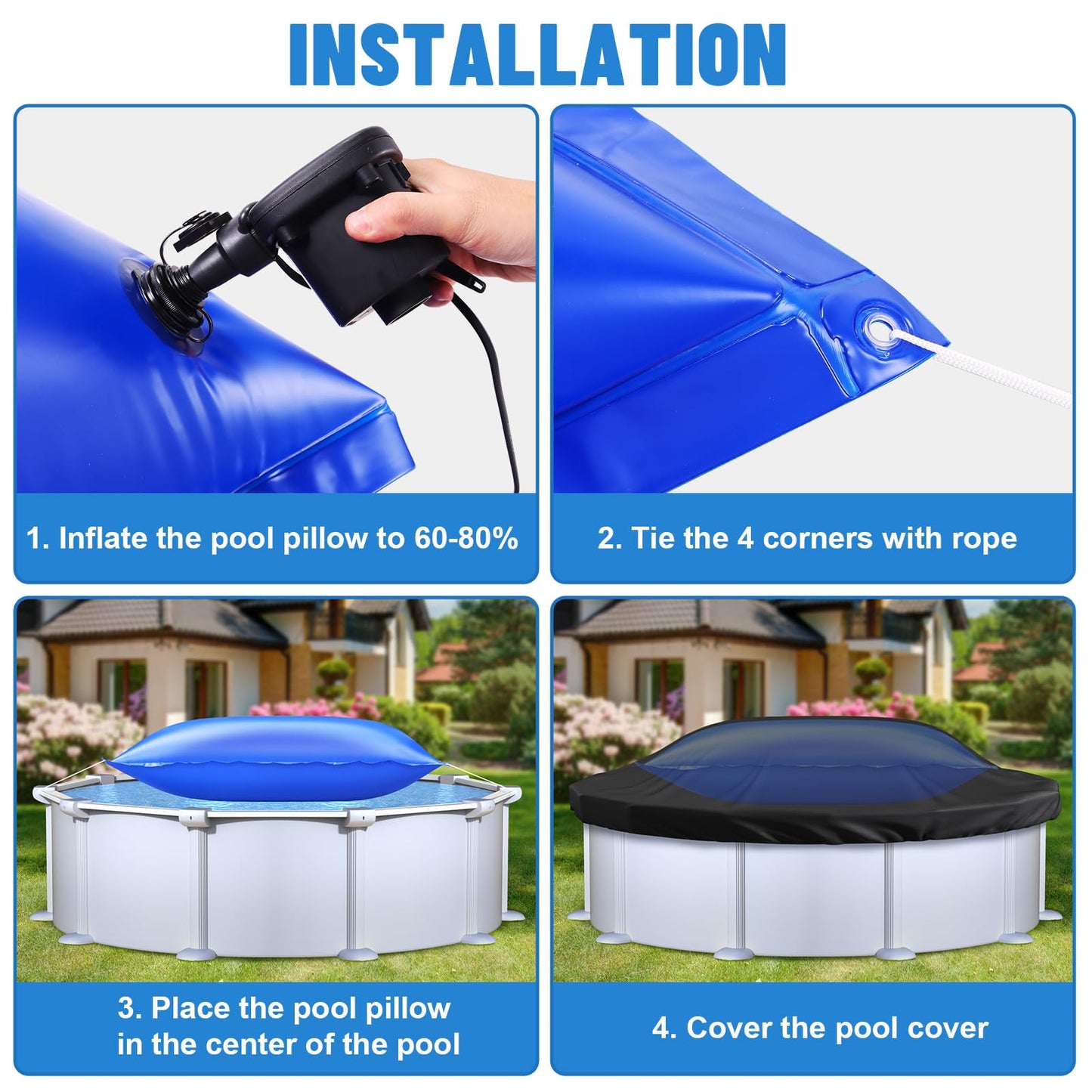 4x12 Ft Pool Pillows for Above Ground Pools, 0.6mm Thick Pool Pillows for Closing Winter, Large Air Pool Cover Pillow Kit for Winterizing with Ropes, Inflatable Cold Resistant Swimming Pool Pillow