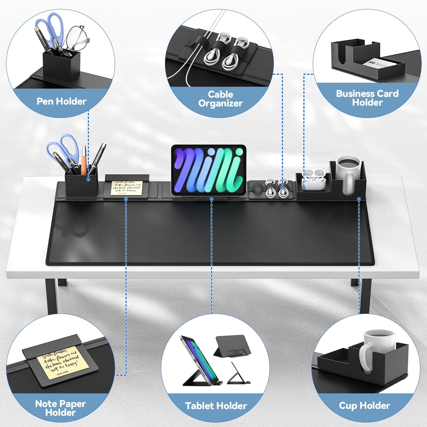 KDD Desk Mat with Magnetic Organizer Set, 6 in 1 Mouse Keyboaed Pad with Storage Accessories DIY Feature for Phone/Tablet Stand/Cup Holder/Card/Pen Holder/Cable Management for Office Desk Accessories