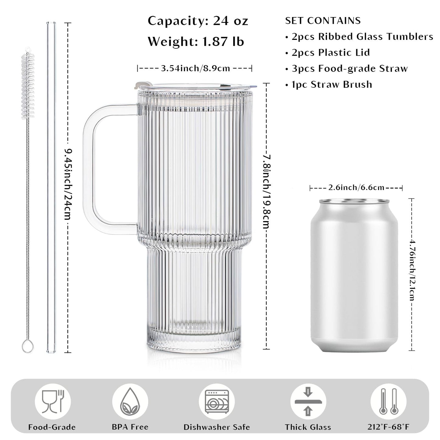 INSETLAN 26oz Ribbed Glass Tumbler with Handle & Lid – 2-Pack Large Iced Coffee Cups with Straws, Modern Glass Mug for Cold & Hot Beverages, Aesthetic Travel Cup for Smoothies, Tea, and Juice